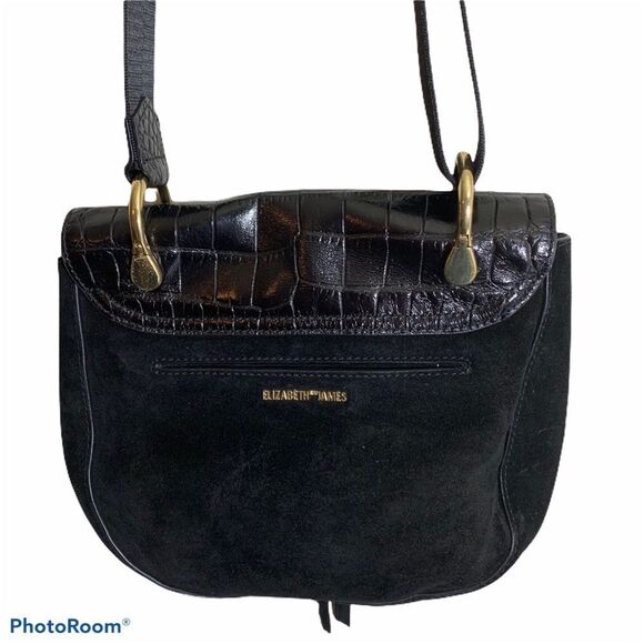 Elizabeth and James Zoe Croc‎ Embossed Leather Saddle Crossbody Bag Black - Picture 1 of 13